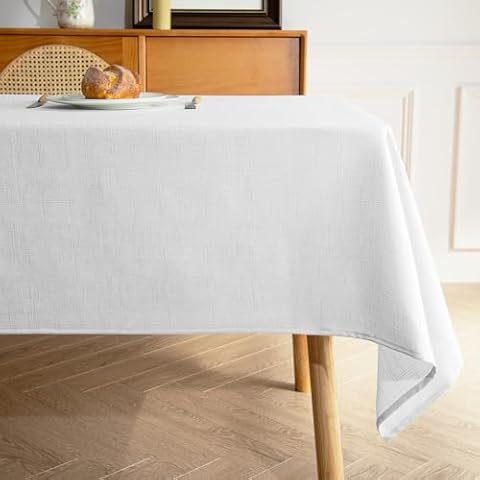 MikiUp 2 Pack Faux Linen Tablecloth - White Slubby Textured Weave Table Cloth for Rectangle Tables, Wrinkle Free Washable Fabric Table Cover for Dining, Farmhouse, White 60 x 102 Inch Cover