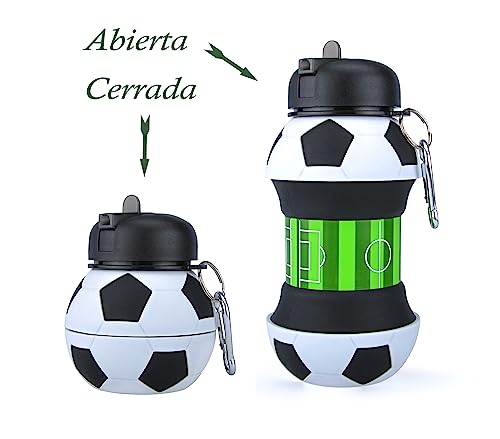 YverLand Botella de agua plegable para niños y niñas sin bpa. Cantimplora infantil para camping, personalizada con tu deporte. Balón de agua compacto para regalo original (Futbol) - imagen 2