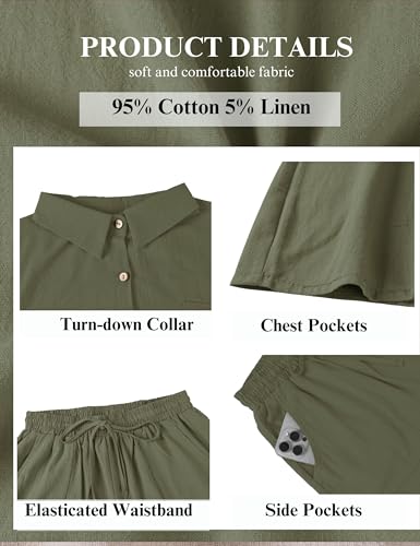Image of SeekMe Linen Short Sets for Women Short Sleeve Top Shorts 2 Piece Summer Beach Vacation Outfits Lounge Tracksuits