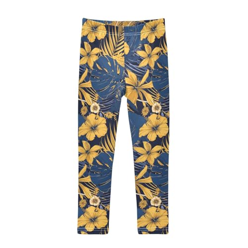 Blue and Yellow Theme Plants Kids Baby Girls Active Leggings Stretch High Waisted Athleisure Pants Exercise