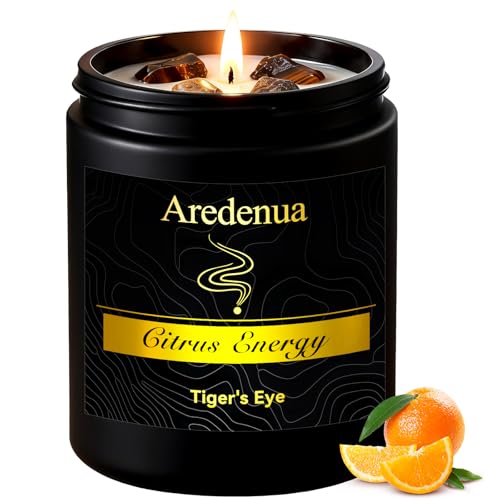 Aredenua Crystal Candle with Tiger Eye Healing Crystals, Citrus Aromatherapy Candle for Confidence, Natural Soy Wax Scented Candle with Real Gemstone,