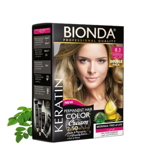 Tinte permanente BIONDA Professional Color Cream 8.3 rubio dorado, 200 ml, paquete doble, queratina y moringa, color intenso y duradero con brillo, cobertura 100% de canas