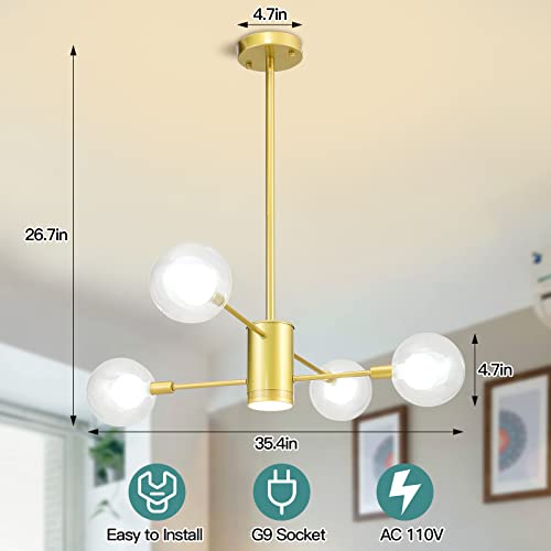 Xemqener Sputnik Chandeliers, 4 Lights Dimmable Gold Chandelier For Dining Room, Sputnik Light Fixture With Led Spotlight, Mid Century Pendant Light For Living Room, Bedroom, Kitchen, G9 Socket #TOP1
