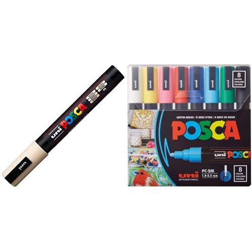 posca Full Set of 8 Medium Point Pens + Beige Acrylic Paint Pen with Medium Point Pen Tips, Pens are Acrylic Paint Markers for Rock Painting, Fabric, Glass Paint, Metal Paint, and Graffiti