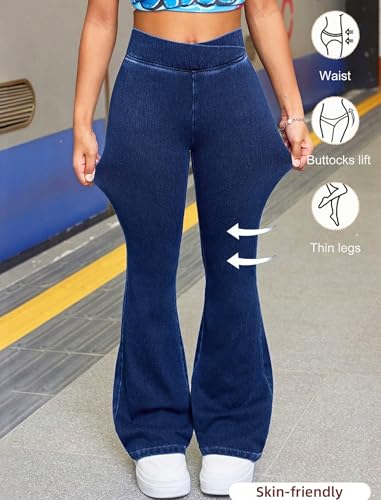 Girls Stretch Flare Jeans 8-12Y Crossover Waist Denim Pants Exercise Basics Slim Casual Streetwear2