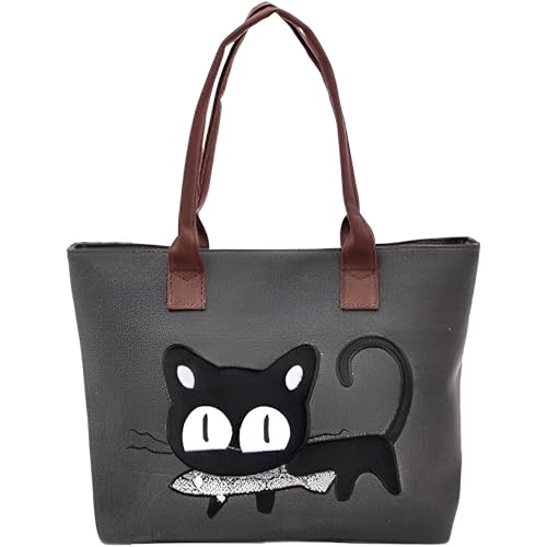 MINGZE Frauen Schulter Beutel, Segeltuch Tasche Maedchen Niedliche Katze fressen Fische Einkaufstaschen Handtaschen Strand Taschen Handtaschen (Schwarz grau)