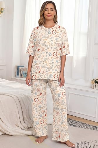 Image of PrinStory Womens Pajamas Sets 2 Piece Lounge Set Short Sleeve Tops and Long Pants Soft Pjs Loungewear with Pockets