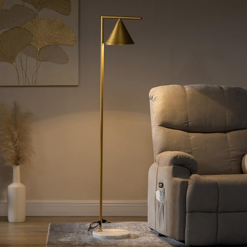 HOMCOM Lampadaire sur pied salon 40W, lampe sur pied en acier doré, abat-jour conique orientable, base en marbre, hauteur 153 cm, pour salon et chambre à...