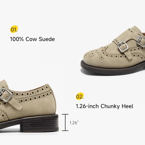 Image of BEAU TODAY Womens Leather Loafers, Monk Platform Loafer Shoes | Cowhide, Brogue Wingtip, Slip-on, Chunky Heel, Comfortable, Non-slip Durable, Business Casual Office Dress Shoes