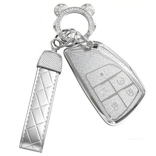 Avalessia for Chevy Key Fob Cover with Keychain,5 Buttons Soft TPU Protector Bling Car Keys Case Shell Compatible with 2021-2024 Chevy Tahoe Suburban GMC Yukon Silverado Buick Smart Key(Silver Clear)