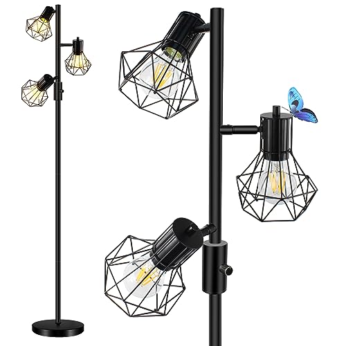 HiBay Lampadaire LED Noir Dimmable Industriel Style Diamant, 3x8W E27 Ampoule 800LM Moderne, Lampadaire sur Pied Salon Métal Vintage Lampe sur Pied pour Salon,Chambre,Bureau