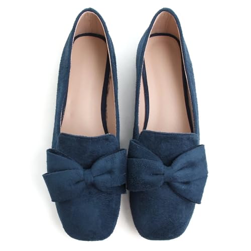 LUXINYU Women Mary Jane Shoes Bowknot Dressy Square Toe Suede Upper Slip on Ballet Flats Comfortable Moccasins Work Flats Low Heel Daily Walking Shoes4