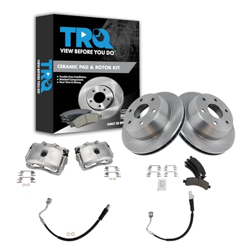 Image of TRQ Rear Brake Pad, Caliper, Hose, & Rotor Kit Ceramic Compatible with 2003-2009 Chevrolet Express 1500 2003-2013 GMC Savana 1500