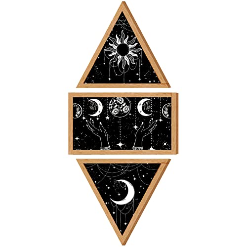 Qunclay 3 Pieces Boho Wall Decor Moon Phase Wall Decor Sun and Moon Minimalist Decorations Wooden Gothic Aesthetic Art Hanging Farmhouse Rustic Pediments for Living Room Home Bedroom Bathroom
