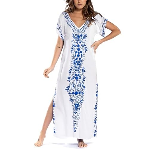 Busbseach Caftan Dresses for Women Embroidery Short Sleeve Beach Cover Up V Neck Maxi Kaftan Dress White