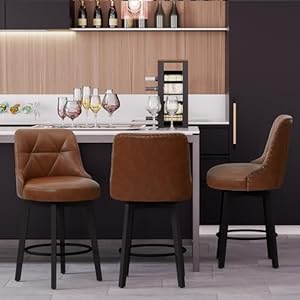 Swivel bar stools with back set of 2 26 inch faux leather upholstered counter height barstools for skitchen island round footrest solid wood legs brown  urban country home decor