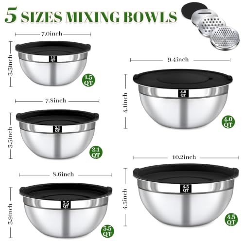 8PCS Mixing Bowls with Lids Set - 5 Nesting Mixing Bowls, 3 Grater Attachments, Lids, Stainless Steel Mixing Bowls for Mixing & Serving, Size 1.5/2.1/3.5/4/4.5 QT, Black - Image 2