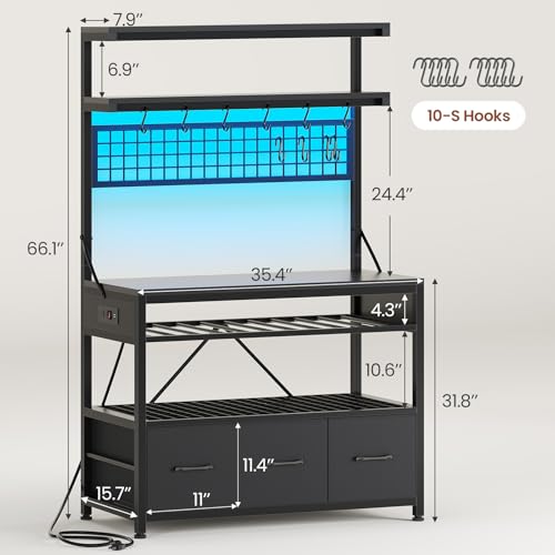 Itaar Bakers Rack with Storage Drawers, Microwave Stand with Power Outlet and LED Lights, 35.4 inch Coffee Bar Cabinet with Hutch, Wine Rack and Hooks for Kitchen, Living Room, Black
