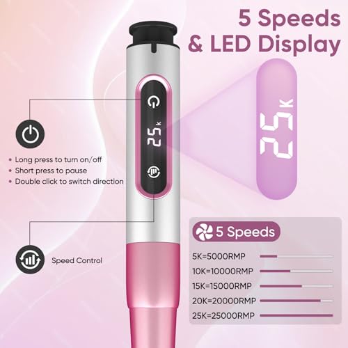 Oukzon Nagelfräser Kabellos, 13 in 1 Elektrische Nagelfeile Fräser für Gelnägel, Nagelfräser für Gelnägel 25000 U/Min, USB Wiederaufladbare Maniküre Set Elektrisch, 5 Gear Electric Nail Drill