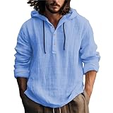 PETCDIM Herren-Langarm-Hippie-Shirts aus Leinen mit Kapuze, V-Ausschnitt, Knopfleiste, Kapuzen-Sweatshirt, lässig, Hawaii, Strand, Yoga-Shirt, Blau, Medium