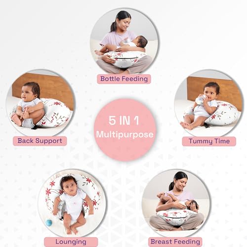 Image of Wakefit Feeding Pillow for New Born Baby | 3 Months Warranty | 5 in 1 Nursing Pillow for Breastfeeding with Cotton Removable Cover | Sakura White