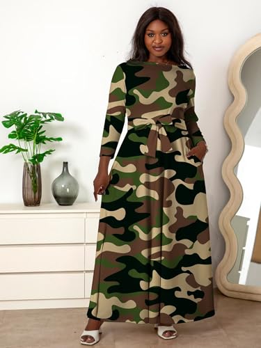 Plus Size Maxi Dress for Curvy Women with Belt Crew Neck 3/4 Sleeve Flowy Long Outfits Sizes L to 5XL2
