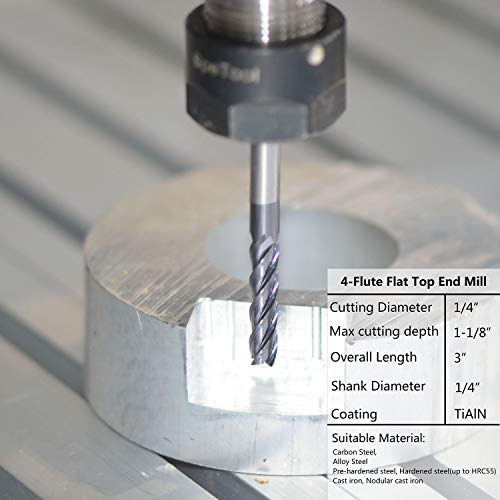 Image of SpeTool 12411 4 Flutes Carbide CNC Square Nose End Mill, 1 /4 inch Shank Diameter, 3 inch Long, Upcut CNC Router Bit with Coated