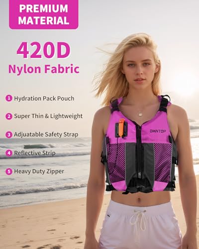 Owntop Swim Vest Youth 50-90 lbs, Lightweight Kayak Swim Jacket Kids, Hydration Pocket for Wakeboard, Boating, Fishing, Water Sports (Pink, Junior)