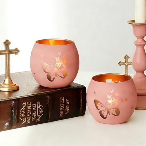 Religiöse Geschenke für Frauen & Mädchen, 2er Set Teelichthalter Kreuz & Schmetterling Rosa, Deko Ostern, Christliche Geschenke für Taufe Mädchen, Erstkommunion, Konfirmation, Gedenken