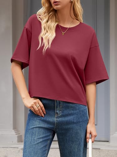UNCLECAT Womens Oversized T Shirts Summer Short Sleeve Cropped Tops Workout Crewneck Causal Tee Burgundy — view 4