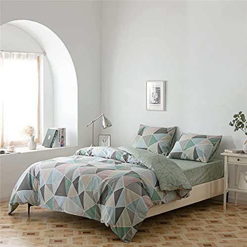 Geometric Single Bed Fitted Bottom Sheet Green-1 Piece-100% Cotton Fitted Sheet With 15" Deep Pocket-Full/Queen,Ultra Soft& Breathable (Queen, Geometric) #TOP4