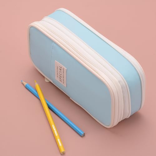 Image of Large Capacity Big Special Cute Aesthetic Preppy Canvas Pencil Case Organizer Holder Pouch Bag with Zipper Compartments, Pen Cases for Women Girls School Adults (Sky Blue)