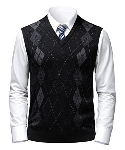 Mens Argyle Sweater Vests Classic V-Neck Sleeveless Pullover Grey Black Knitwear Nice Tank Tops for Dad Husband2