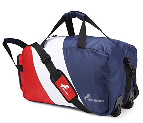 Chris & Kate Polyester Blue-White-Red 50 litres Travel Foldable Spacious Duffle Bag with Wheels Lightweight Trolley Bag with Space Saver Self Storage Luggage Bag-200