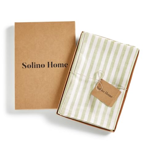 Image of Solino Home 100% Linen Napkins, 20 x 20 in, Sage and White Stripe, Set of 4 | Amalfi Stripe, elevate everyday dining and special gatherings, European flax fibres, low iron finish, OEKO-TEX Certified