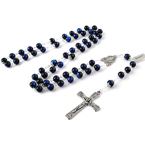 HanlinCC 8mm Natural Blue Tiger Eyes Gemstone Beads Miraculous 5 Dacade Rosary Necklace with Anti-Silver Catholic Crucifix Pack in Leather Gift Box3