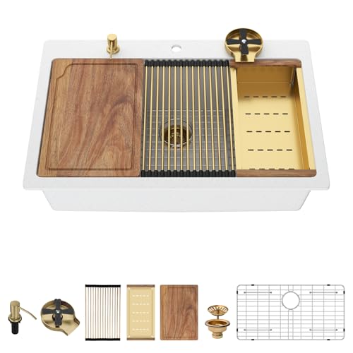 33 Granite Composite Kitchen Sink - Beslend 33x22 Drop In White Kitchen Sink with High Pressure Glass Rinser, Granite Composite Worksation White Sinks Easy Clean Quartz Basin for Kitchen Remodel