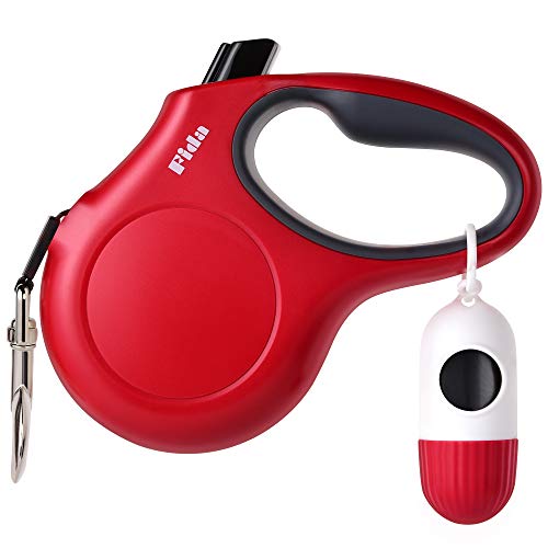 Fida Retractable Dog Leash with Dispenser and Poop Bags 16 ft Pet Walking Leash for Small Dog or Cat up to 26 lbs Anti-Slip Handle Tangle Free Reflective Nylon Tape (S Red)