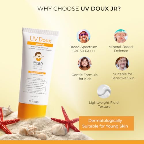 Image of UV Doux Junior Mineral Fluid Sunscreen SPF 50 for Babies & Kids | 100% Mineral Zinc Oxide | Chemical Filter Free | Fragrance Free | No White Cast | DermatologicallyTested | 50 g
