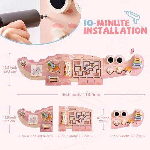 Image of ROBOTIME Crocodile Busy Board Wall Panels for Toddlers, Pink Montessori Sensory Activity Board, Montessori Sensory Wall-Mounted Learning Center Toy for Kids Room, Educational Toys for Boys & Girls
