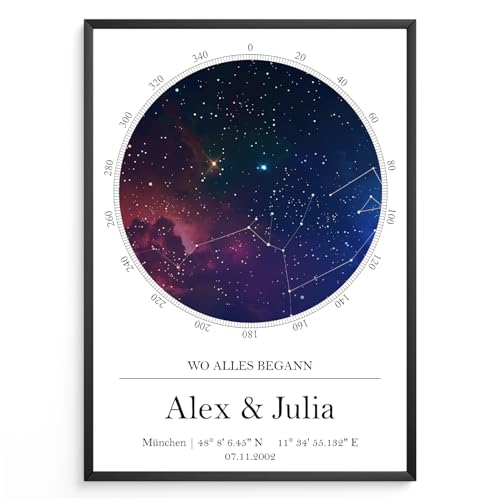 Tigerlino Personalisierte Sternenhimmel Poster – Sternkarte mit Datum & Ort Koordinaten – Wo alles begann Geschenk für Paare, Hochzeit, Jahrestag, Liebe Sternbilder Astronomie Hochzeitstag