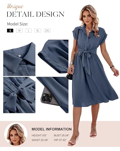 Image of ECOWISH Womens Casual Midi Dresses Solid V Neck Short Sleeve Button Shirt Belted Dress with Pockets for Spring Summer 2026