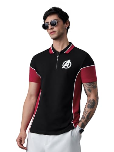 Image of The Souled Store Official Avengers Suit Men and Boys Regular Fit Half Sleeves Graphic Printed Cotton Black Color Zipper Polo T-Shirt (220355)