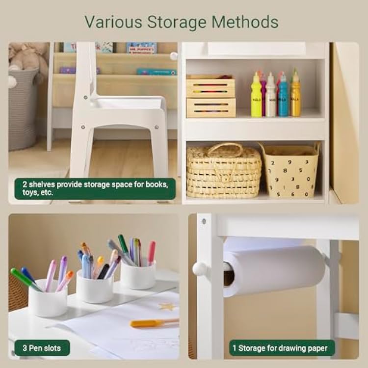 Haotian Kids Craft Table and Chair Set with Paper Roller, Paint Cups & Storage Shelves, 2 in 1 Wooden Art Desk for Drawing Painting Writing, White KMB60-W