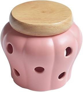 Sizikato Pink Matte Ceramic Garlic Keeper Ginger Holder with Bamboo Lid.