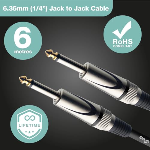 Stagg Deluxe Instrument Cable, 1/4" 6.35mm Jack To Jack, Heavy-Duty Connectors, 6 Metres / 20 Feet, Black