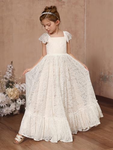 Girls Summer Boho Full Lace Flower Girl Dress Elegant Cap Sleeves Square Neck A-Line Long Wedding Party Dresses2