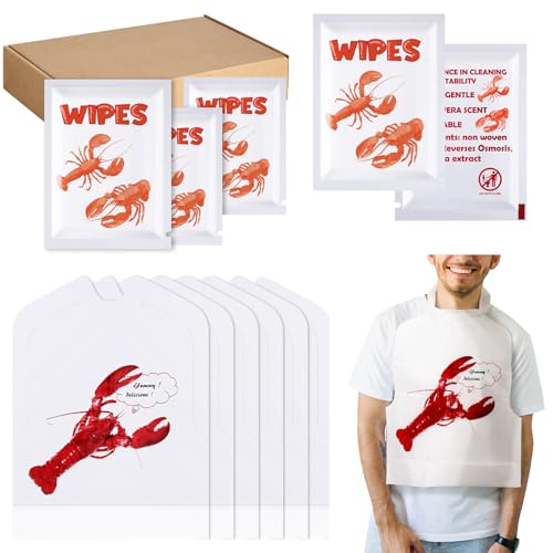 Wesiti 100 Pcs Lobster Crab Bib Wet Wipe Set 50 Crawfish Bib Disposable Adult 50 Moist Towelettes Seafood Boil Party Supply(Lobster)