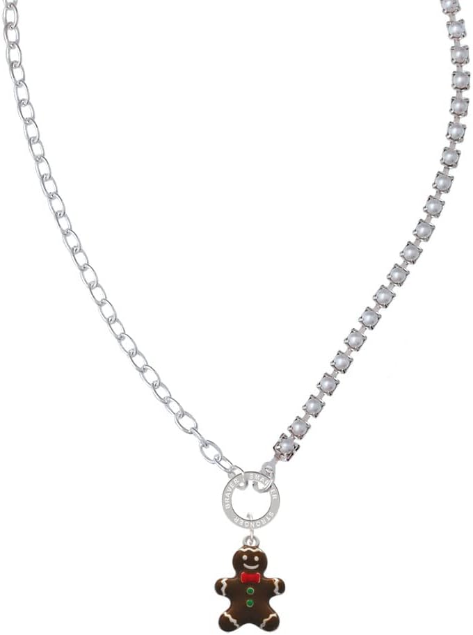 Delight Jewelry Enamel Gingerbread Boy Stronger Braver Smarter Mixed Cable and Imitation Pearl Chain Choker Necklace, 14.75-17"