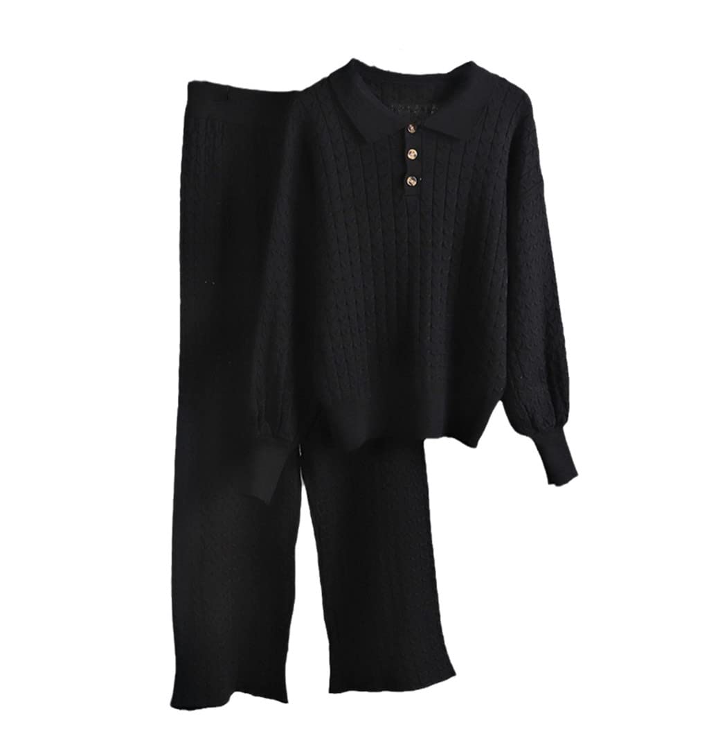 Survêtement drapé à jambes larges confortable ensemble pull maille fluide noir